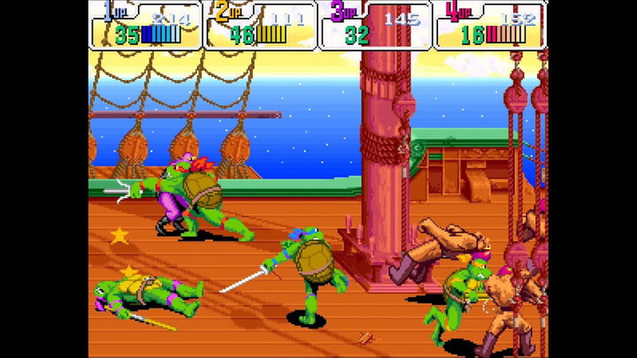 Turtles fighting enemy in Teenage Mutant Ninja Turtles Turtles in Time.