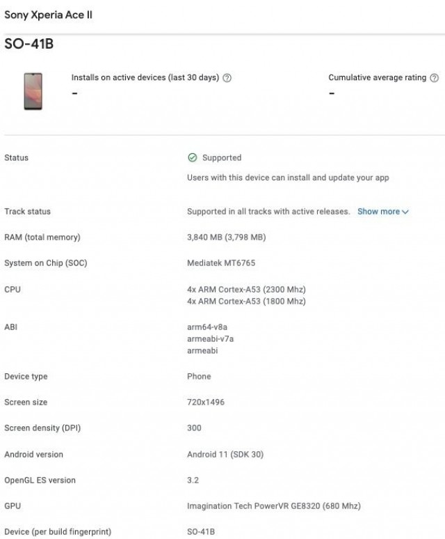 Sony Xperia Ace II on Google Play Console